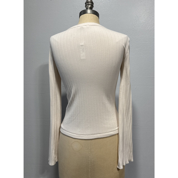 Madewell Flared-Sleeve Cardigan Sweater Top XS Beige Button Up Crew Neck Ribbed - Picture 3 of 14